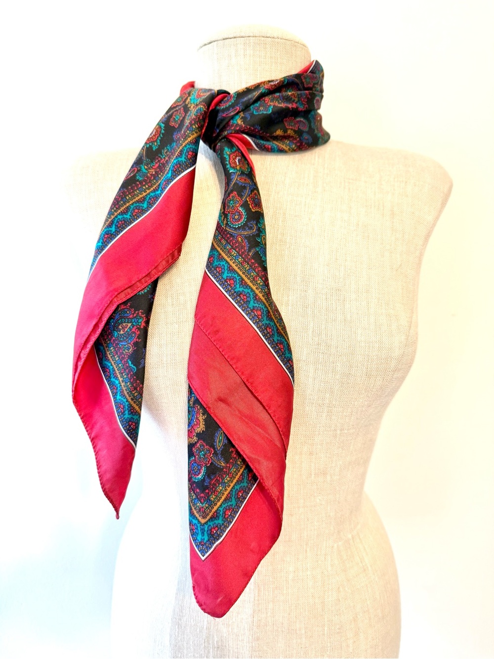 Vintage 70s/80s Ornate Paisley Floral Square Scarf Jewel Tones 30” Old Money